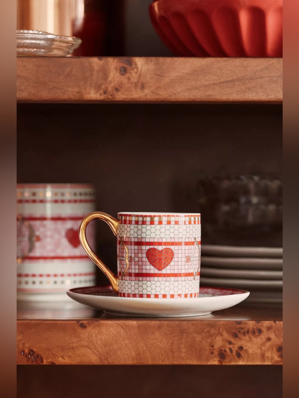 NEW Anthropologie Bistro Tile Stoneware 24k Gold Accent Espresso Cup & Sauce